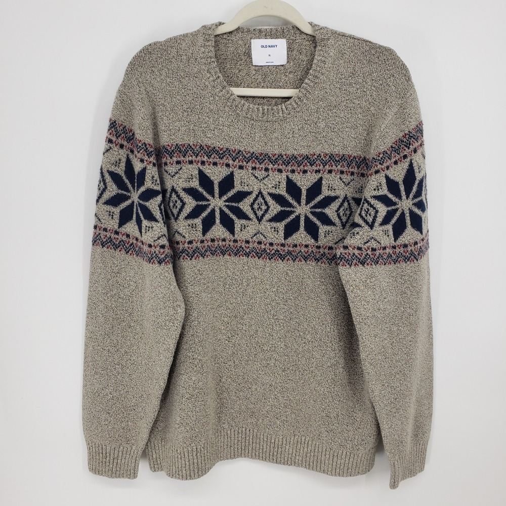 Old Navy Fair Isle Snowflake Crew Neck Sweater Mens XL Beige Navy Nordic Knit